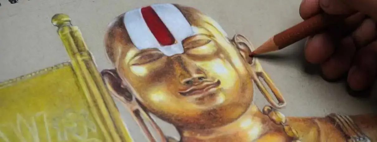 Shreyesh drawing a realistic deity portrait with colour pencils